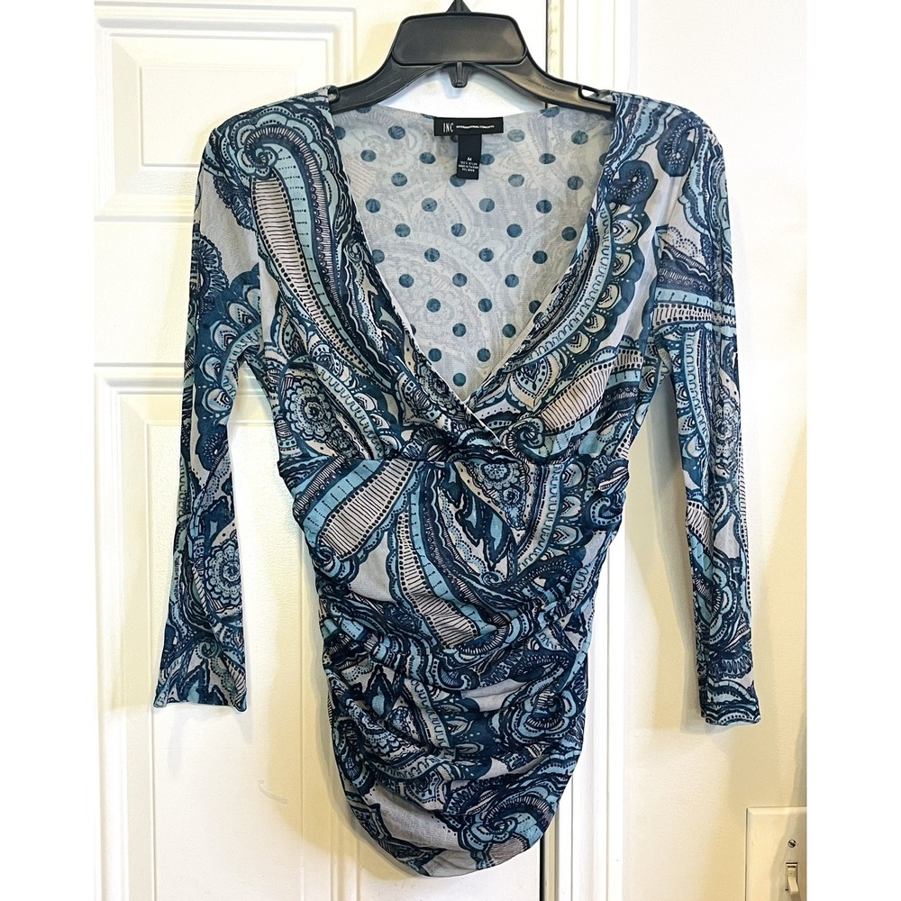 Vintage 90s Y2K Blue Paisley Mesh Ruched Top M International Concepts INC Boho
